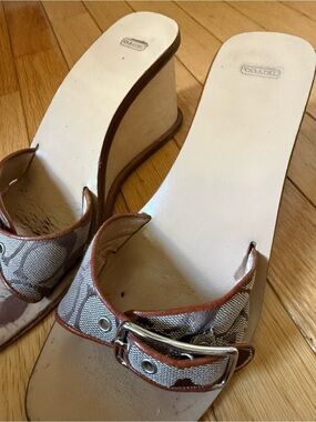 Vintage Y2K COACH signature jacquard wood wedge mule sandals size 8